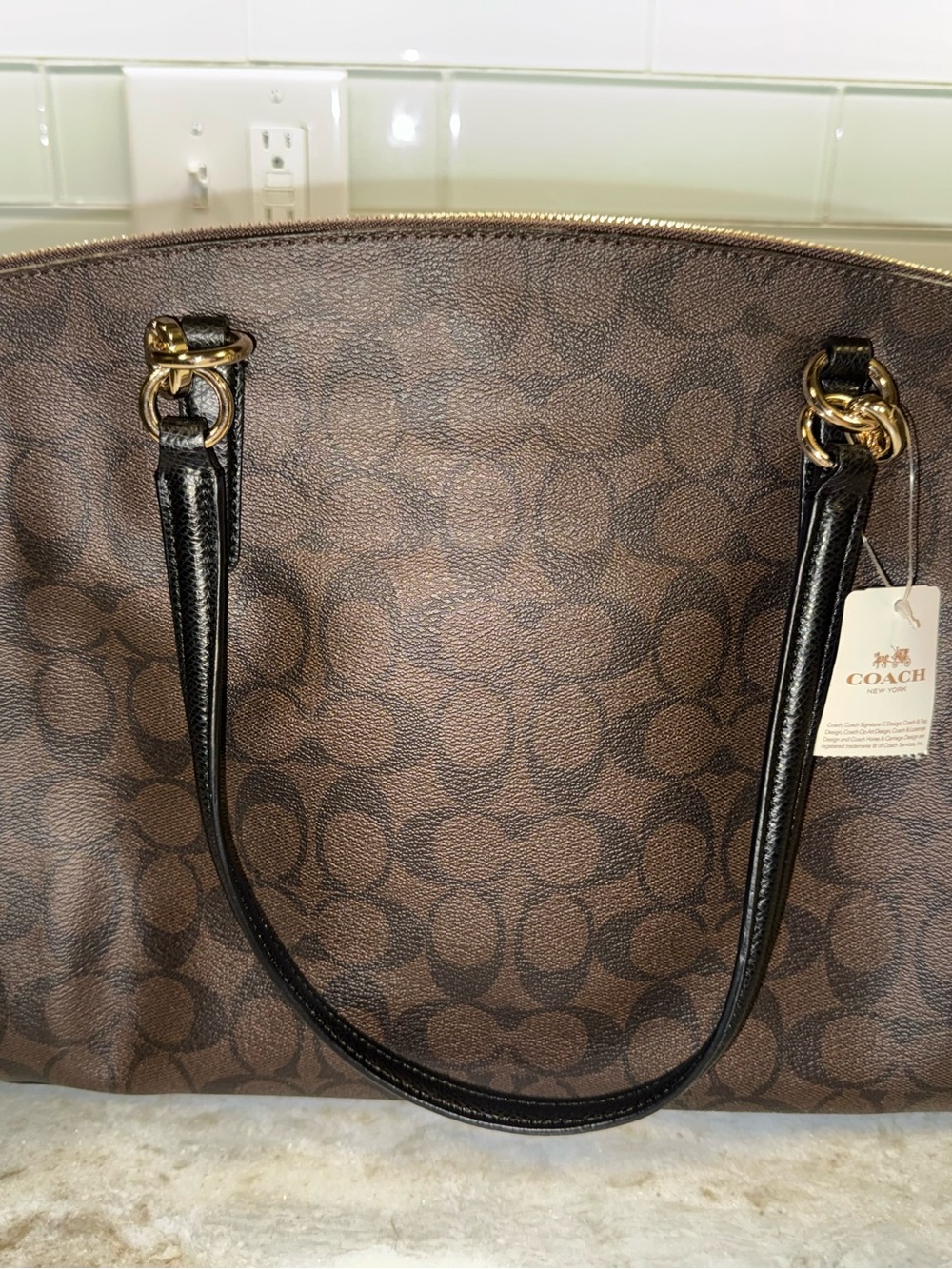 NWT Coach Christie Carryall F36721 Brown Black Signature Handbag - Picture 2 of 13